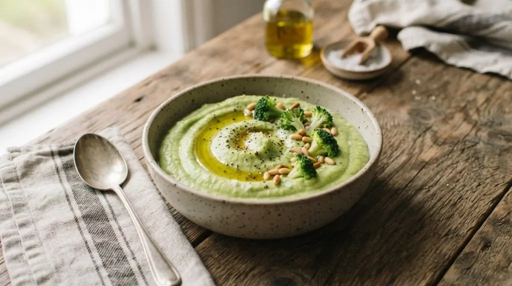 Bol de purée de brocolis verte et onctueuse avec un filet d'huile d'olive