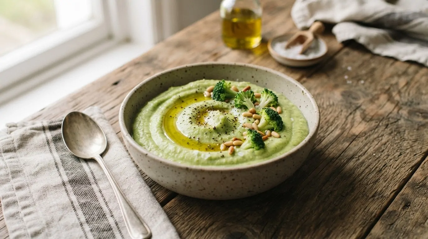 Purée de brocolis onctueuse Bol de purée de brocolis verte et onctueuse avec un filet d'huile d'olive