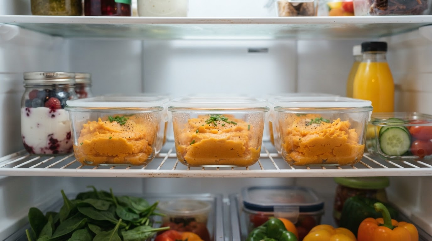 Puree ze słodkich ziemniaków w szczelnych pojemnikach Porcje puree ze słodkich ziemniaków przechowywane w szczelnych szklanych pojemnikach w lodówce