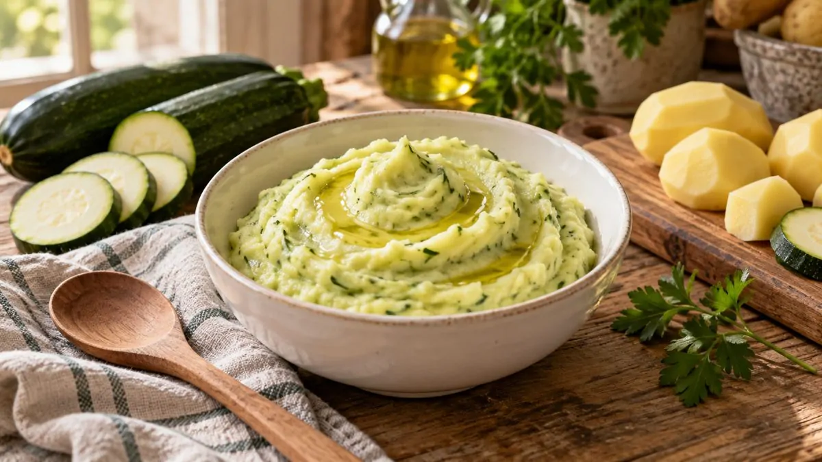 Purée pomme de terre courgette onctueuse Bol de purée de pommes de terre et courgettes onctueuse avec filet d'huile d'olive