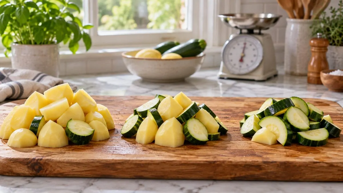 Trois proportions de pommes de terre et de courgettes disposées sur une planche en bois
