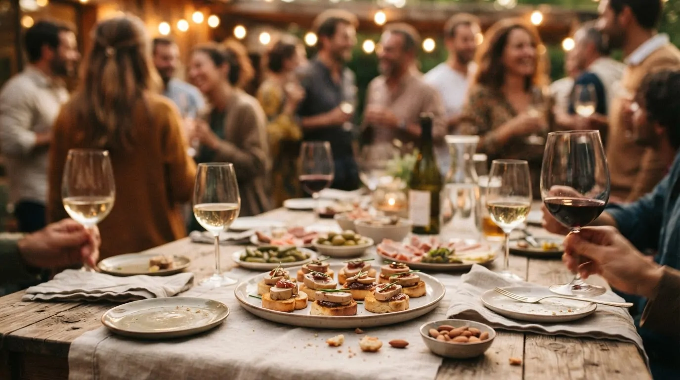 Quantité de foie gras par invité à l'apéritif Table d'apéritif avec petites assiettes et bouchées au foie gras prévues par invité