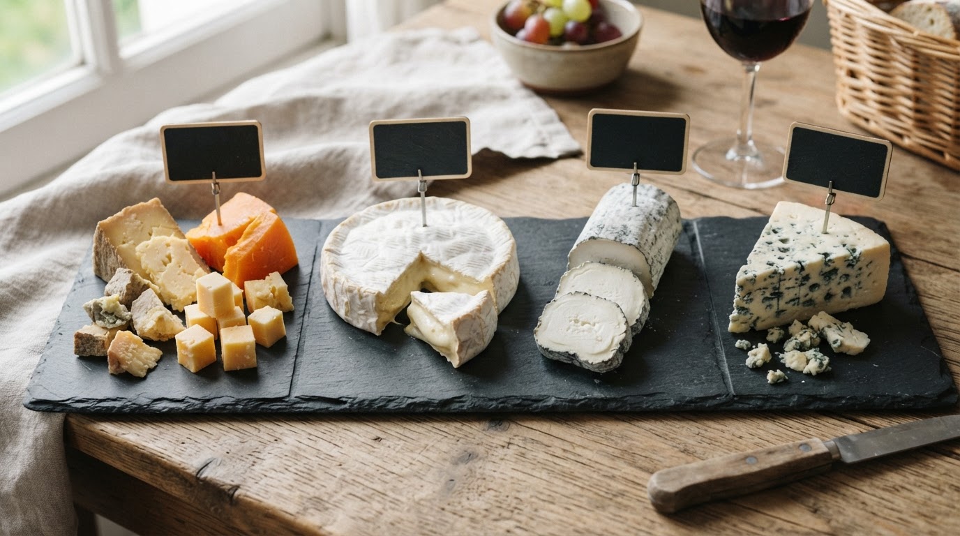 Quatre familles de fromages pour une planche équilibrée Ardoise présentant quatre familles de fromages séparées, pâte pressée, brie, chèvre et bleu