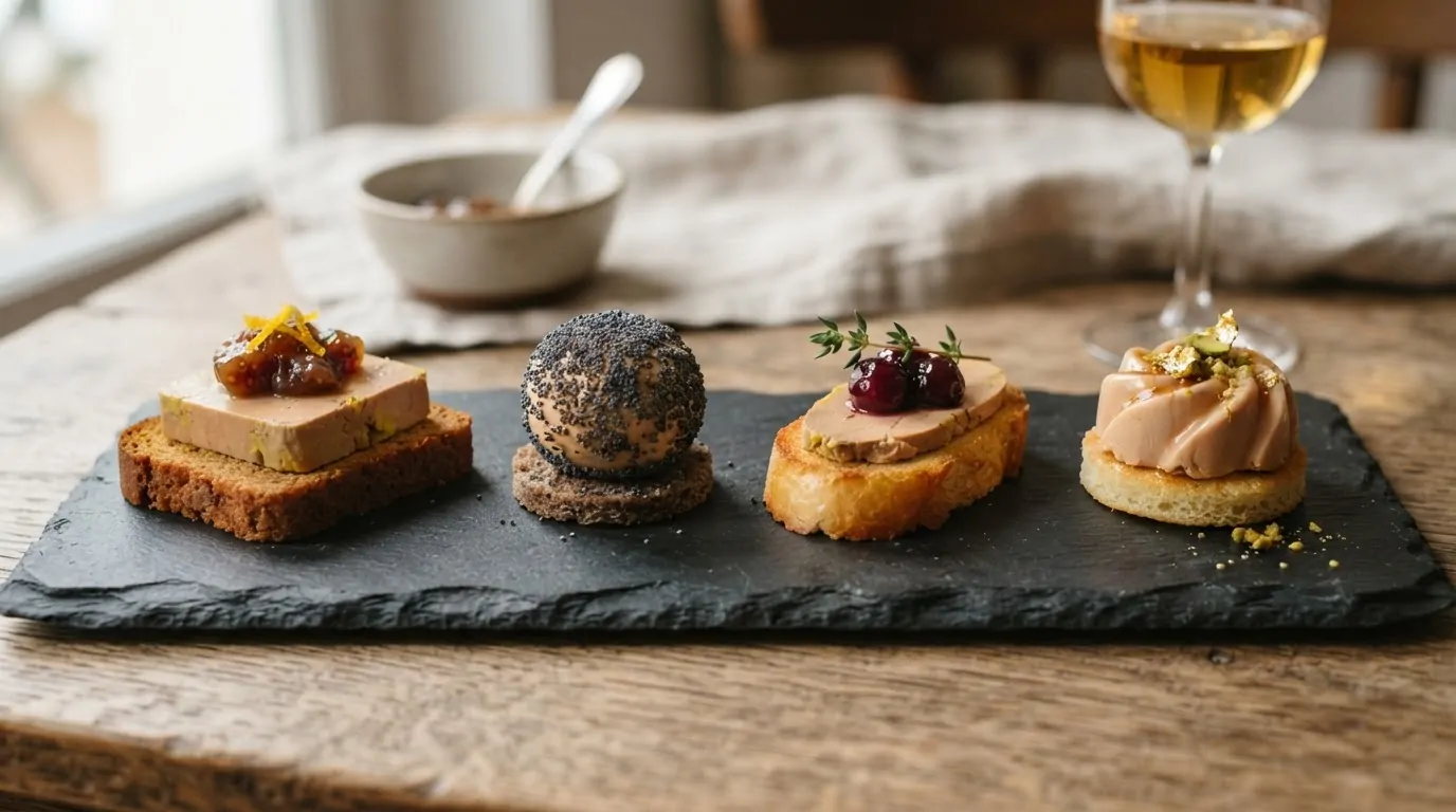 Quatre formats de bouchées au foie gras Quatre formats de bouchées au foie gras alignés sur une ardoise de service