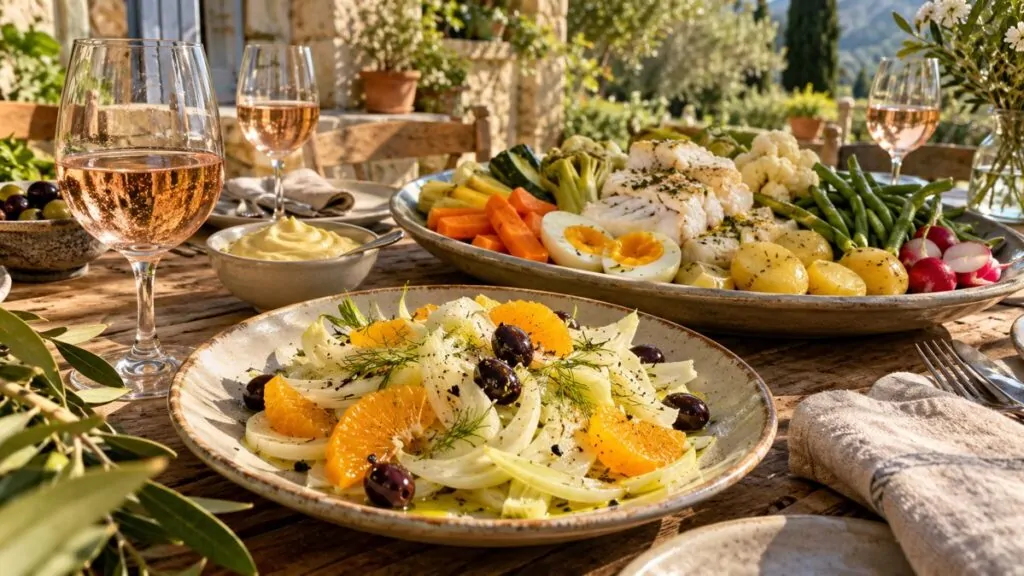 Fennel and orange salad in the foreground and a large garnished aioli on a Provençal table