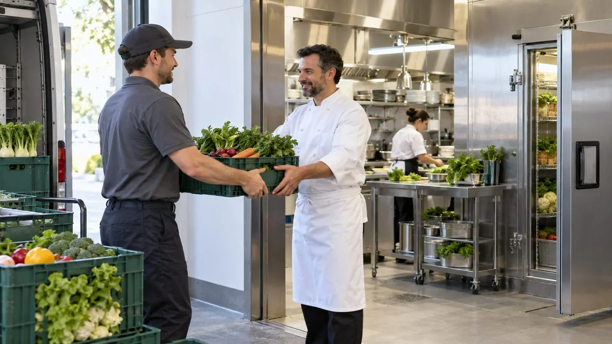 Réception d'une livraison de produits frais en cuisine Livreur remettant des caisses de produits frais à un cuisinier devant une cuisine de restaurant propre et lumineuse