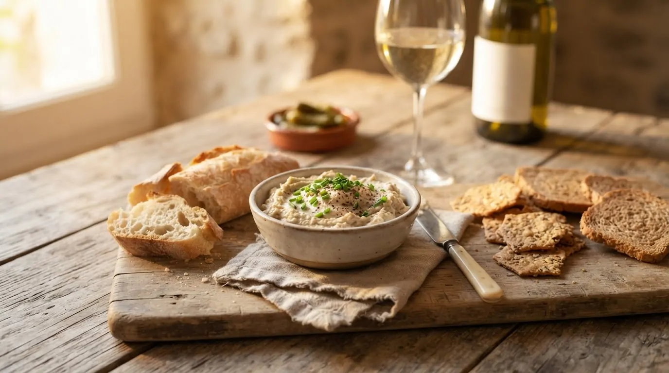Miska rillettes z sardynek ze szczypiorkiem, podawana z kromkami bagietki i krakersami jako przystawką