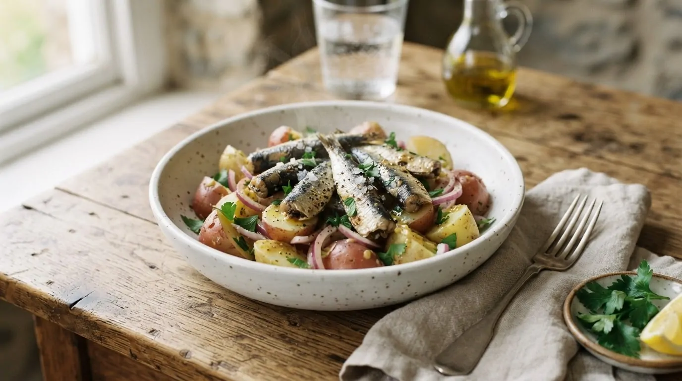 Salade tiède de pommes de terre et sardines Salade tiède de pommes de terre à l'oignon rouge et au persil garnie de sardines entières