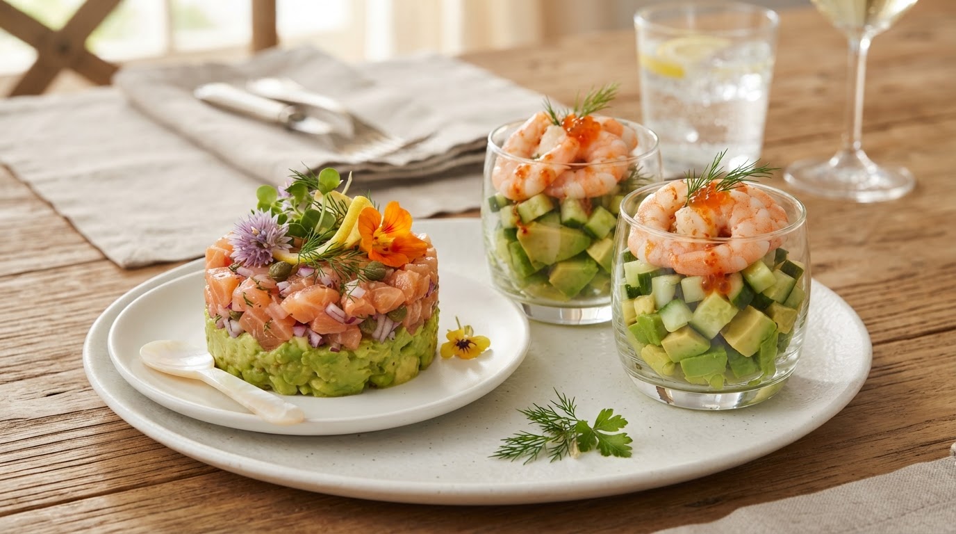 Tartare et verrines d'avocat dressés Tartare d'avocat et saumon fumé avec verrines d'avocat et crevettes joliment dressés