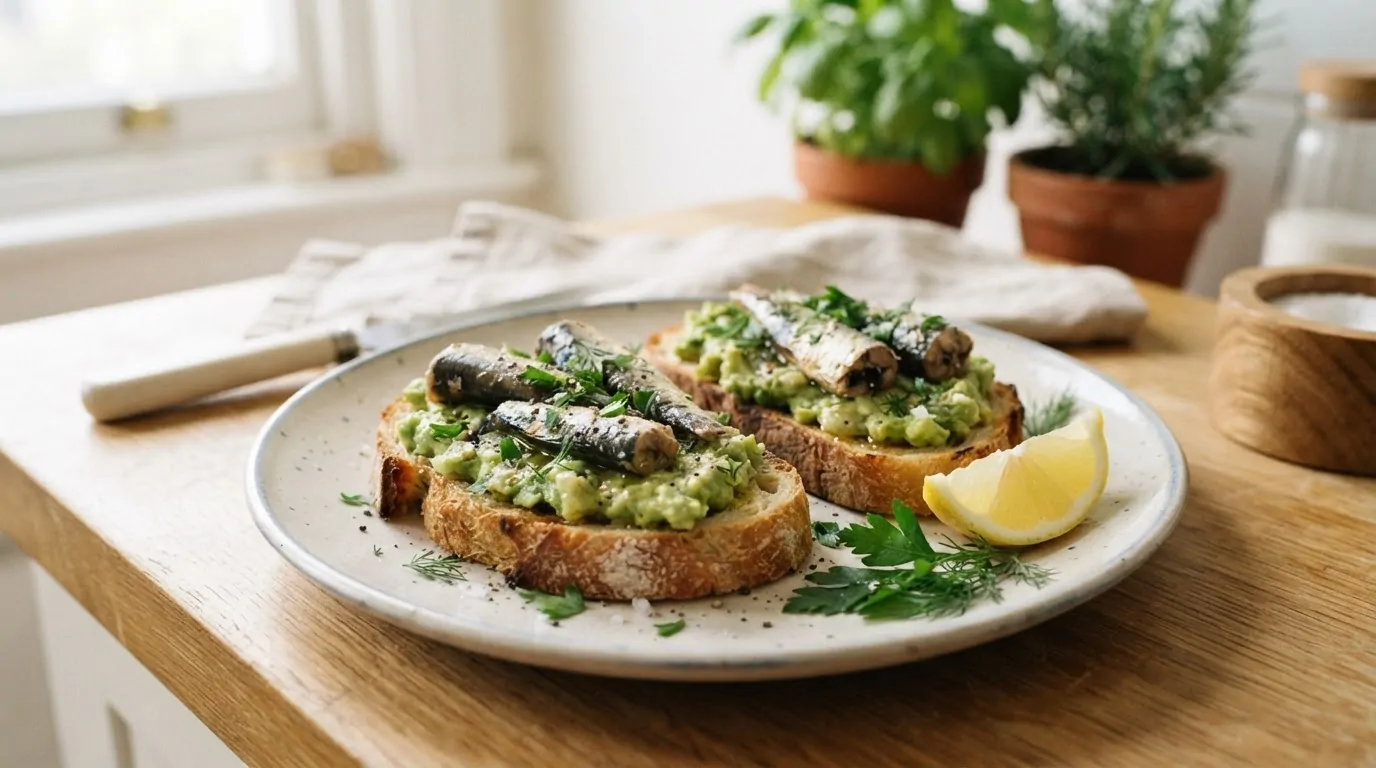 Tartines de sardines à l'avocat et au citron Deux tartines de pain grillé à l'avocat écrasé et aux sardines, avec citron et herbes fraîches