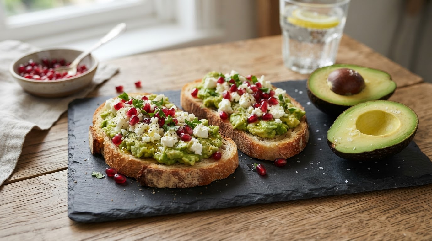 Toast avocat feta et grenade Toast d'avocat à la feta et aux grains de grenade servi sur une ardoise