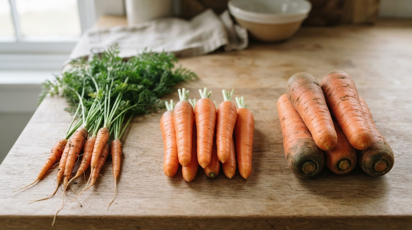 Trois types de carottes côte à côte Carottes primeur avec fanes, carottes de saison et grosses carottes de garde alignées sur un plan clair